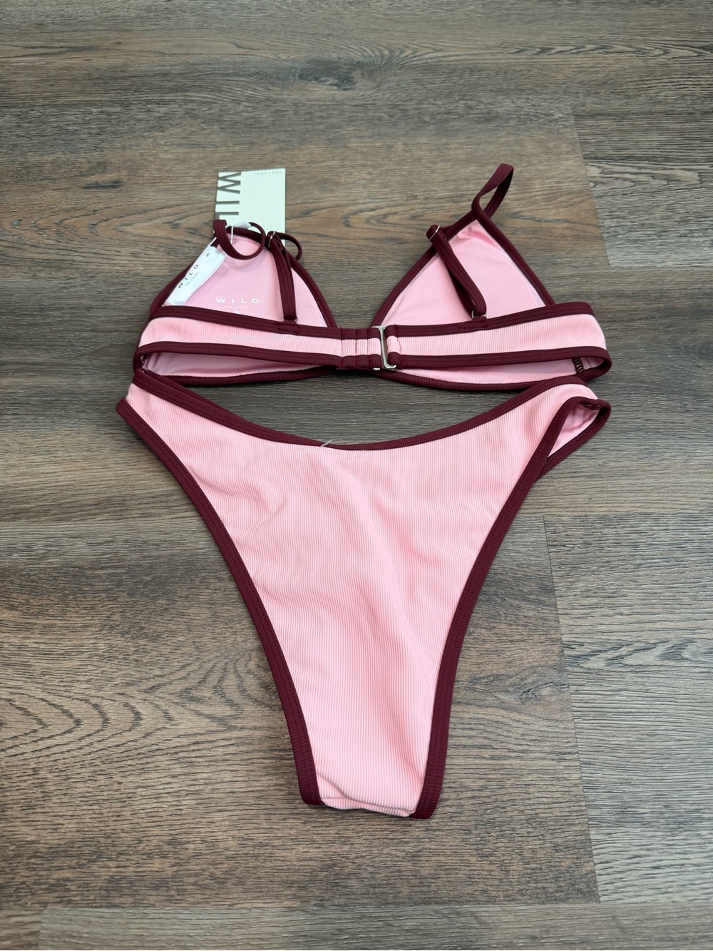 NWT Wilo The Label Candy Pink Contrast Trim Bikini Set Ribbed Two Piece S/XS - Picture 2 of 4